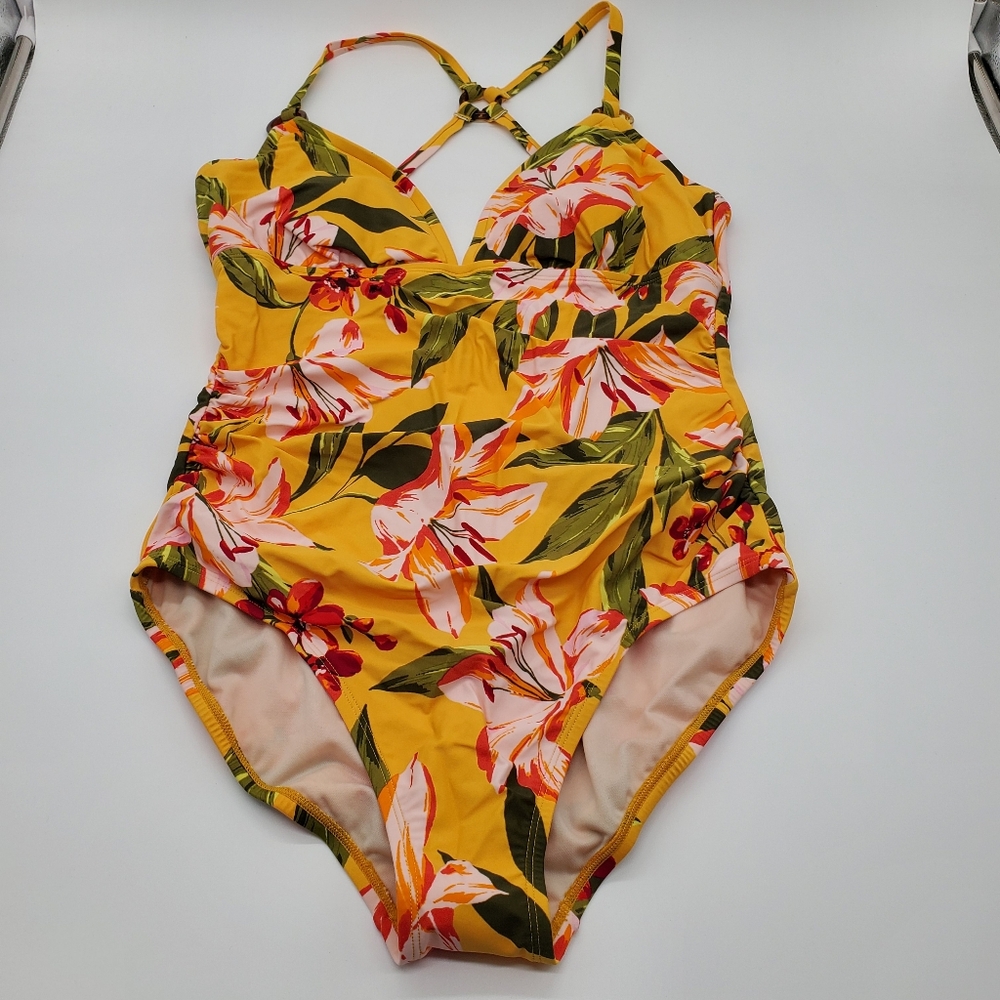 ☆ Kona Sol Yellow Floral Racerback One Piece Swim Suit Size Large